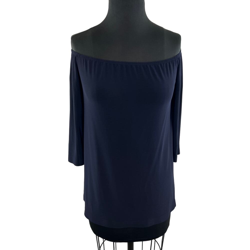 Norma Kamali Black 3/4 Sleeve Stretch Jersey Knit Off Shoulder Blouse Small S